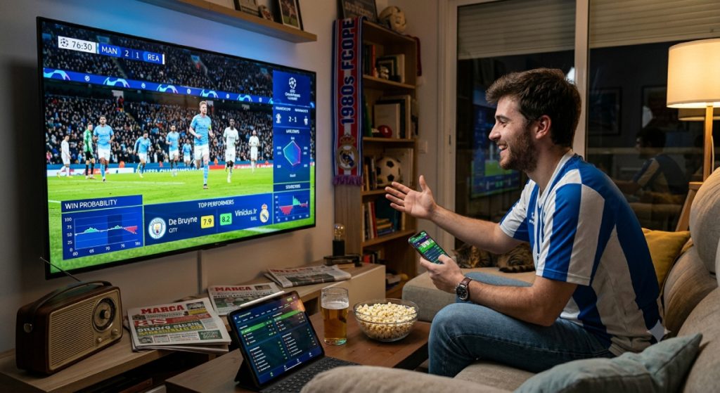 Hombre viendo fútbol con datos en tiempo real.